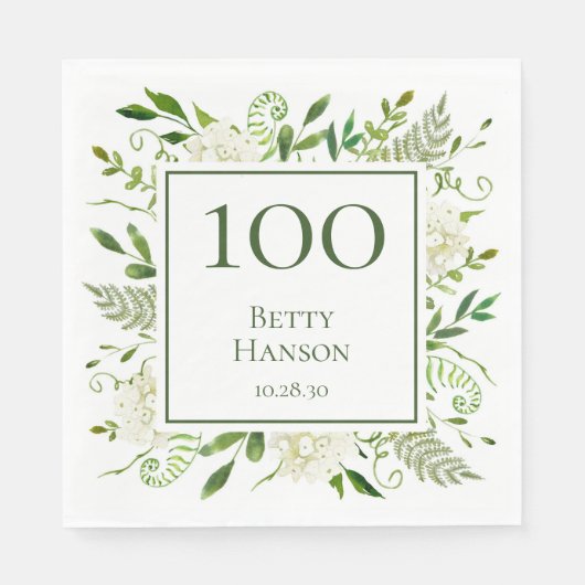 100. Geburtstag Weißer Hydrangeas Serviette (Vorderseite)