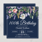100. Geburtstag Wildblumen Navy Blue Elegant Einladung (Vorne/Hinten)