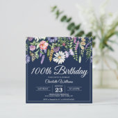 100. Geburtstag Wildblumen Navy Blue Elegant Einladung (Stehend Vorderseite)