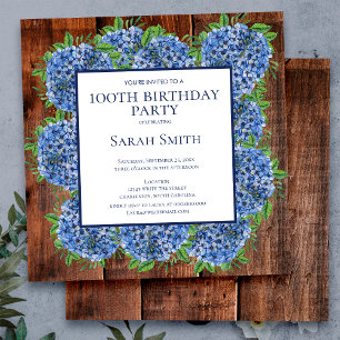 100. Geburtstag Wood Blue Hydrangeas Rustikales Pa Einladung