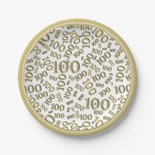 100. Geburtstag Zufallszahlenmuster Gold/Weiß Pappteller