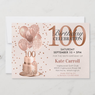 100. Geburtstags-Rose Gold Cake Einladung