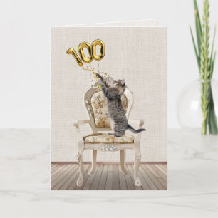 100. Geburtstagsballons und Tabby Cat Karte