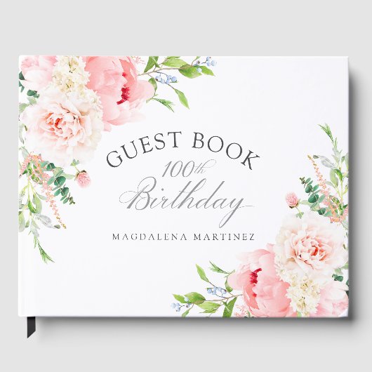 100. Geburtstagsfeier Rosa Blumen Custom Gästebuch (Vorderseite)