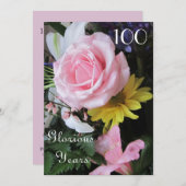 100. Geburtstagsfeier!-Rosa-Bouquet Einladung (Vorne/Hinten)
