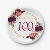 100. Geburtstagsfeier Weißer Geo Blumenburgund Pappteller (Vorderseite)