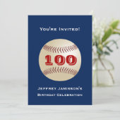 100. Geburtstagsparty Baseball Blue and Red Einladung (Stehend Vorderseite)