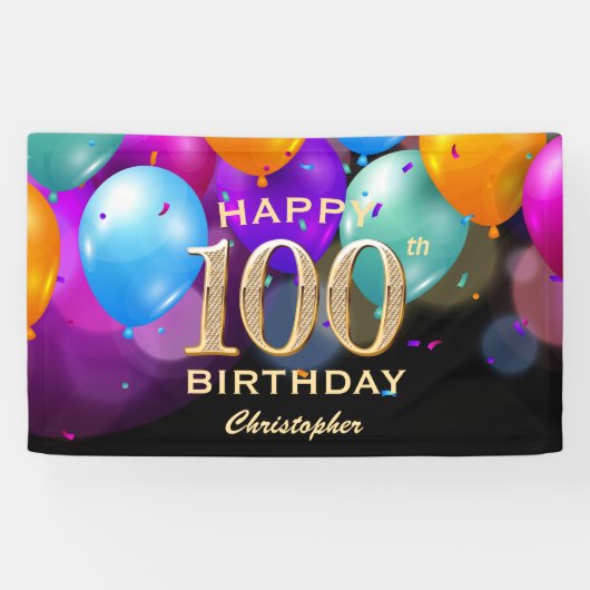 100. Geburtstagsparty Black and Gold Ballons Banner (Horizontal)
