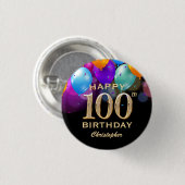 100. Geburtstagsparty Black and Gold Ballons Button (Vorne & Hinten)