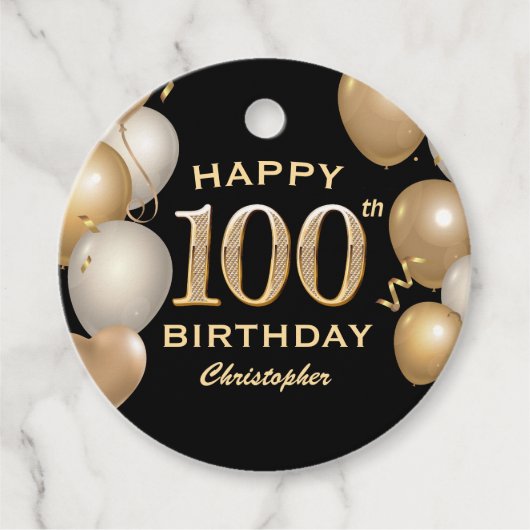 100. Geburtstagsparty Black and Gold Ballons Geschenkanhänger (Vorderseite)
