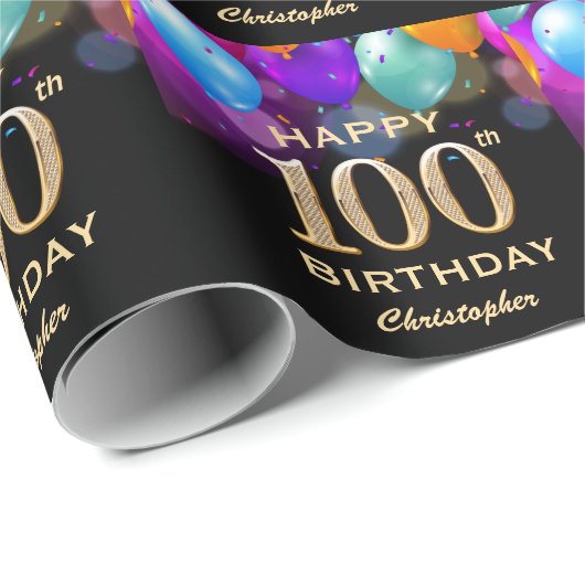 100. Geburtstagsparty Black and Gold Ballons Geschenkpapier (Rolleneckpunkt)
