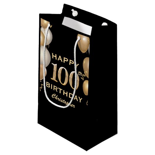 100. Geburtstagsparty Black and Gold Ballons Kleine Geschenktüte (Vorderseite Schrägansicht)