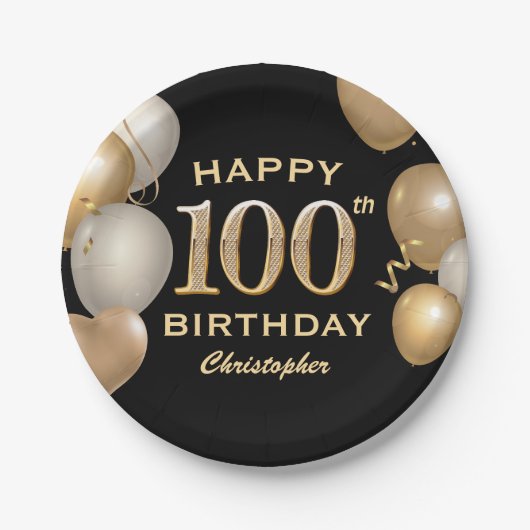 100. Geburtstagsparty Black and Gold Ballons Pappteller (Vorderseite)