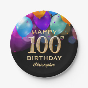 100. Geburtstagsparty Black and Gold Ballons Pappteller