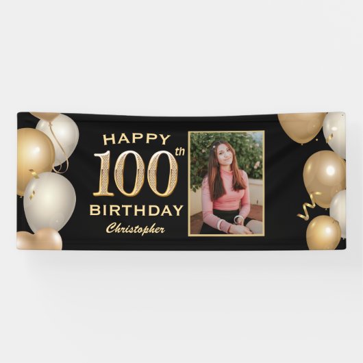100. Geburtstagsparty Black and Gold Balloons Foto Banner (Horizontal)