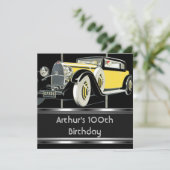 100. Geburtstagsparty Black Vintage Car Mans Einladung (Stehend Vorderseite)