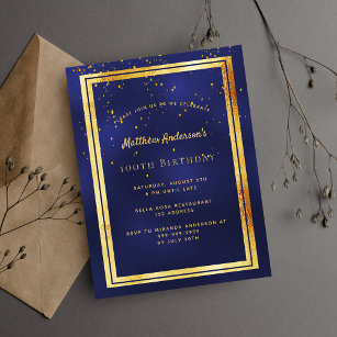 100. Geburtstagsparty blauen Gold glänzende Einlad Postkarte