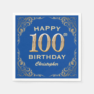 100. Geburtstagsparty Blue and Gold Glitzer Frame Serviette