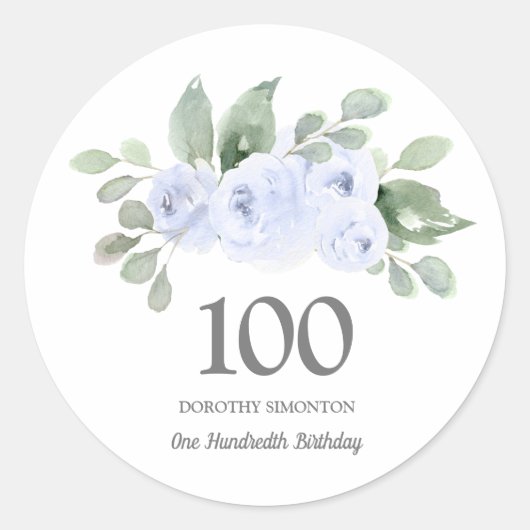 100. Geburtstagsparty Blue Rose Eukalyptus Runder Aufkleber (Vorderseite)