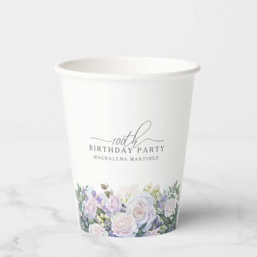 100. Geburtstagsparty Blue White Floral Custom Pappbecher (Vorderseite)