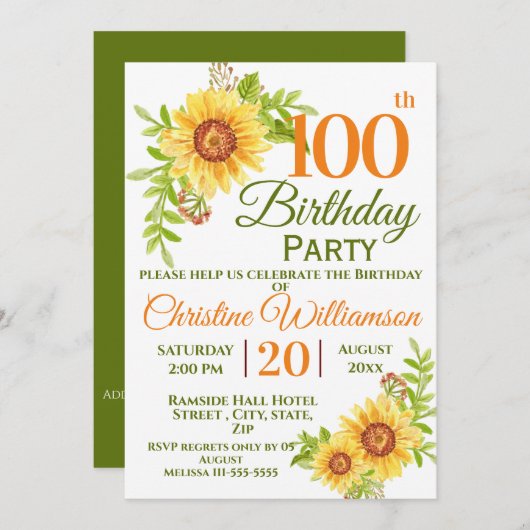 100. Geburtstagsparty Blumenblume Einladung (Vorne/Hinten)