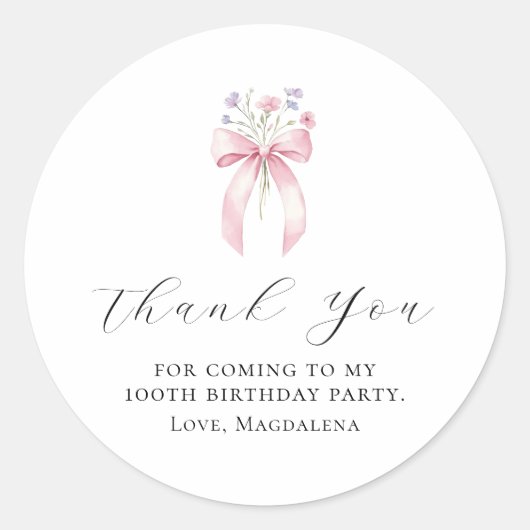100. Geburtstagsparty Bow Custom Vielen Dank für I Runder Aufkleber (Vorderseite)