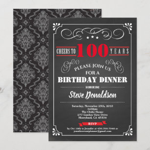 100. Geburtstagsparty Chalkboard Retro rot schwarz Einladung