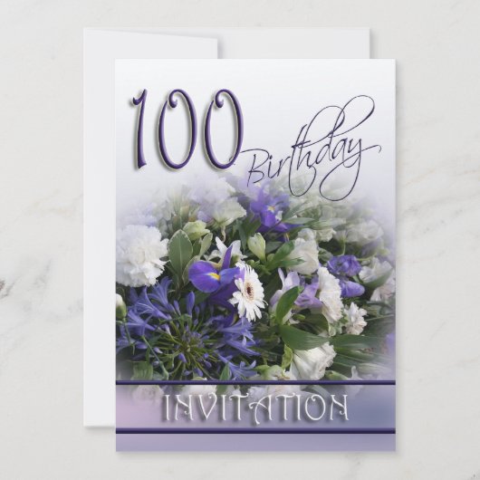 100. Geburtstagsparty Einladung - Blue Bouquet (Vorderseite)