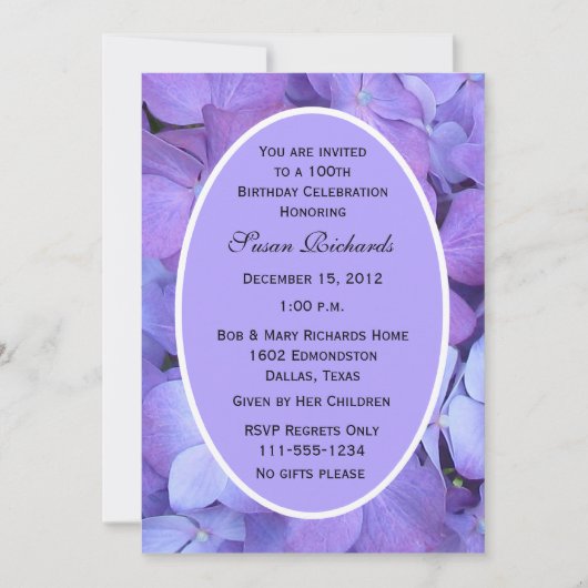 100. Geburtstagsparty Einladung Hydrangeas (Vorderseite)
