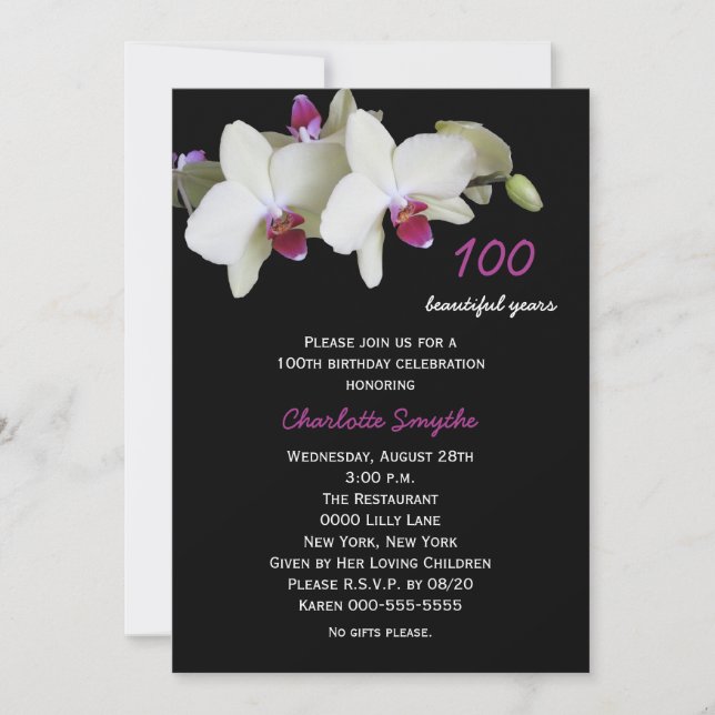100. Geburtstagsparty Einladung Orchideen (Vorderseite)