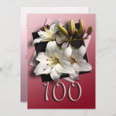 100. Geburtstagsparty Einladung - weiße Lilien (Vorne/Hinten)