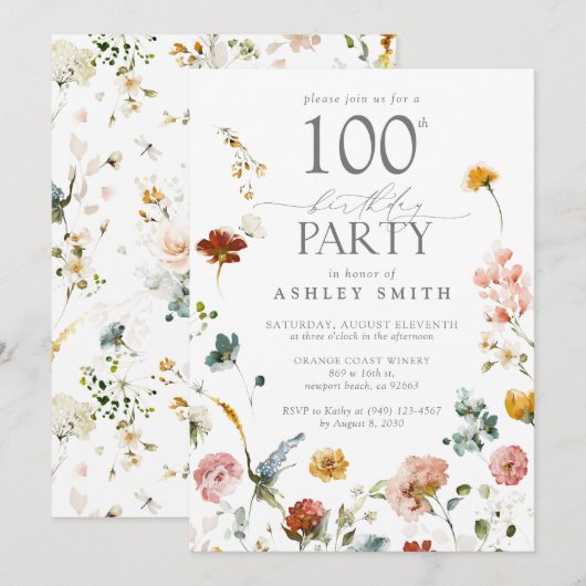 100. Geburtstagsparty Elegant Bloral Blush Pink Einladung (Vorne/Hinten)