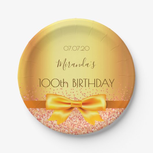 100. Geburtstagsparty Gold eleganten Bogen Namen Pappteller (Vorderseite)