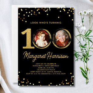 100. Geburtstagsparty Gold Glitzer Confetti Foto Einladung