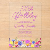 100. Geburtstagsparty Lila Wildblume Acryleinladungen (Vorderseite)