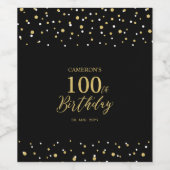 100. Geburtstagsparty mit Gold & Black Confetti Weinetikett (Einzelnes Label)