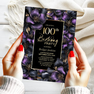 100. Geburtstagsparty mit lila und grauer Flora Einladung