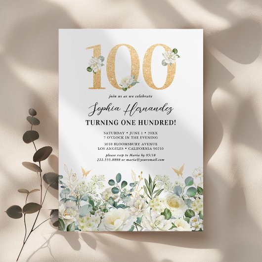 100. Geburtstagsparty mit weißer Blüte Einladung
