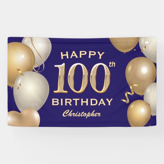 100. Geburtstagsparty Navy Blue and Gold Balloons Banner (Horizontal)