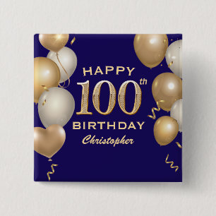 100. Geburtstagsparty Navy Blue and Gold Balloons Button