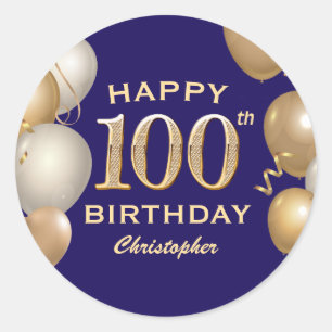 100. Geburtstagsparty Navy Blue and Gold Balloons Runder Aufkleber