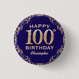 100. Geburtstagsparty Navy Blue and Gold Glitzer Button