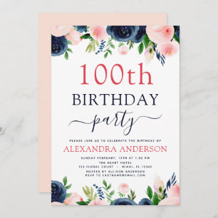 100. Geburtstagsparty Navy Blue Blush Pink Blues F Einladung
