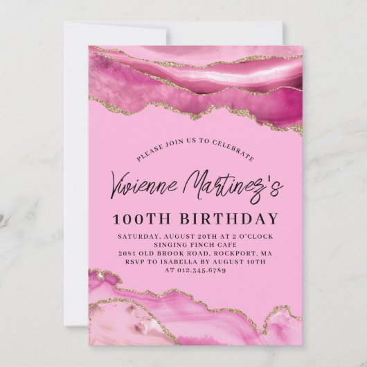 100. Geburtstagsparty Pink Agate Marble Einladung (Vorderseite)