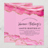100. Geburtstagsparty Pink Agate Marble Einladung (Vorne/Hinten)