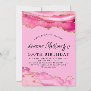 100. Geburtstagsparty Pink Agate Marble Einladung