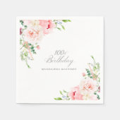 100. Geburtstagsparty Pink Floral Custom Cocktail Serviette (Vorderseite)