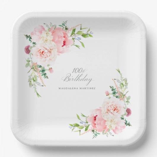 100. Geburtstagsparty Pink Floral Custom Pappteller (Vorderseite)