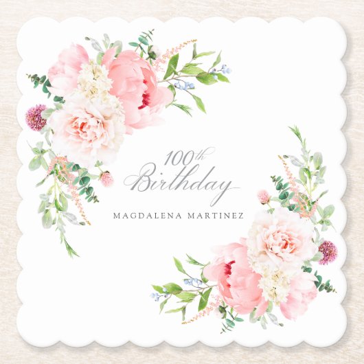 100. Geburtstagsparty Pink Floral Custom Untersetzer (Vorderseite)