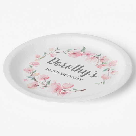 100. Geburtstagsparty Pink Floral Pappteller (Schrägansicht)
